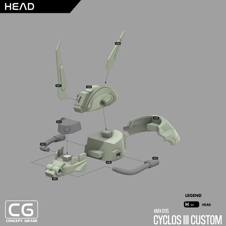 Disassembled robot head model with labeled parts on a gray background, featuring the HEAD brand.