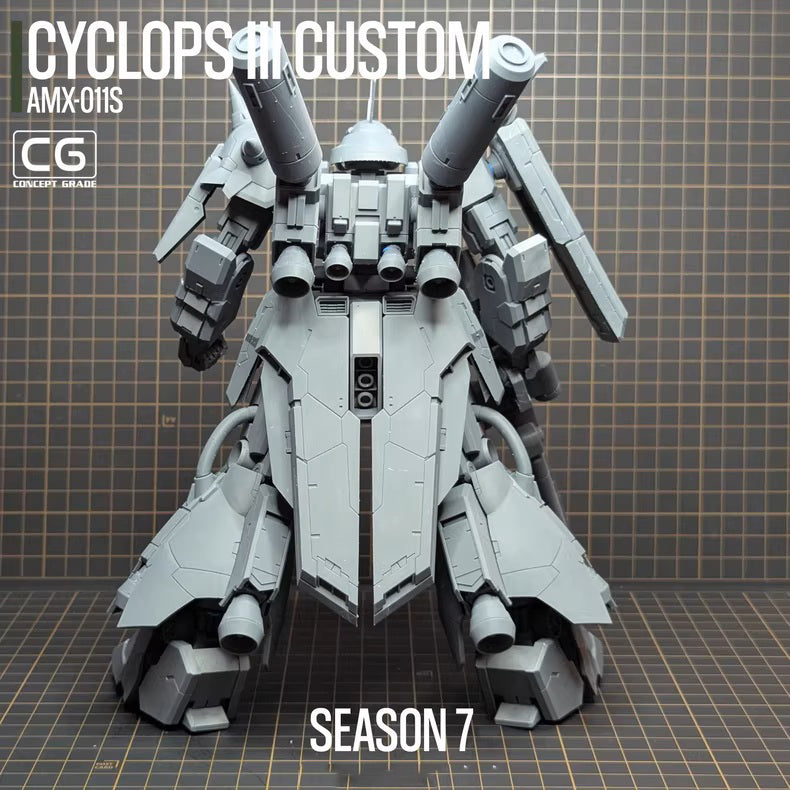 Model of a robot or mecha on a grid background with 'Cyclops Custom' branding.