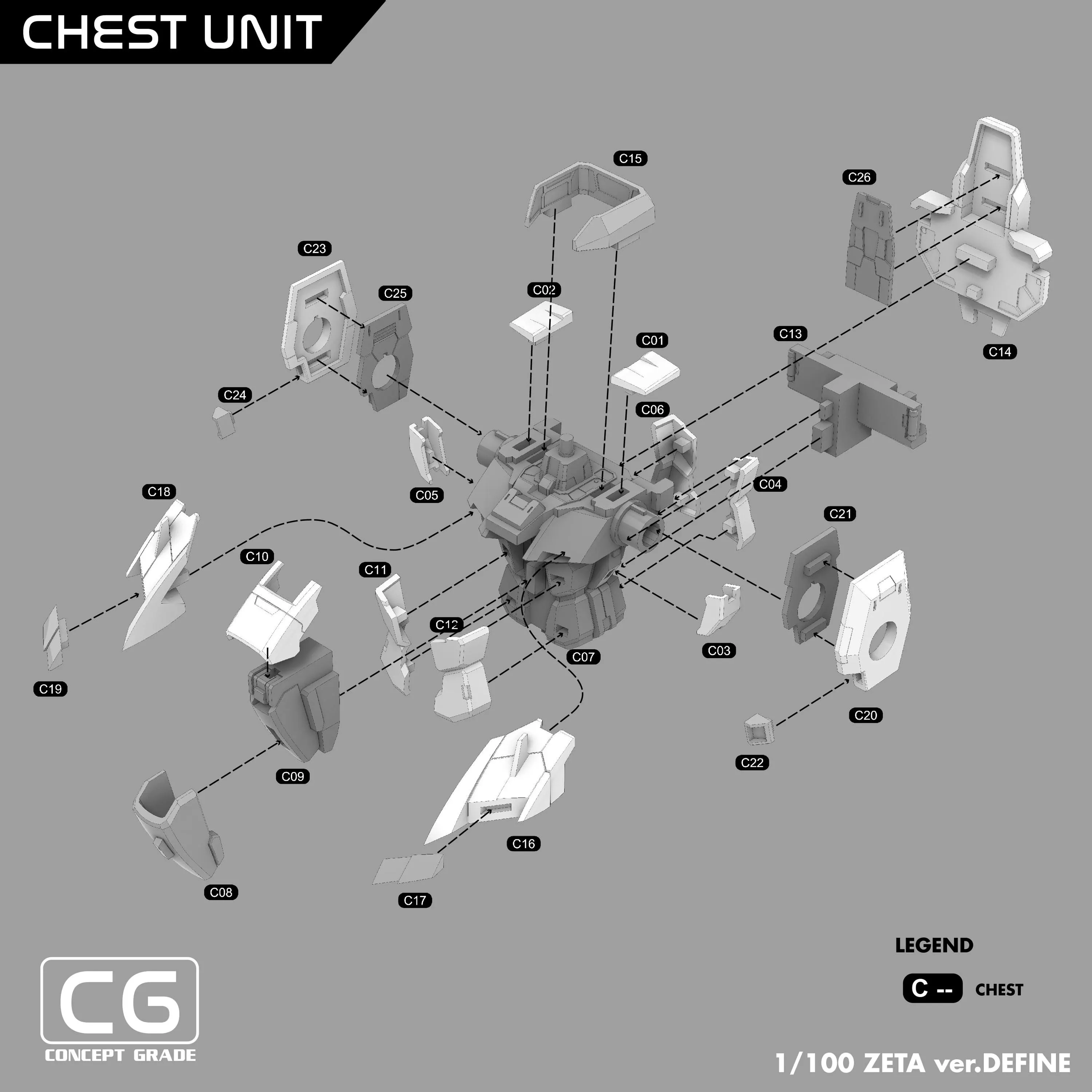 Diagram of a chest unit with labeled parts on a gray background