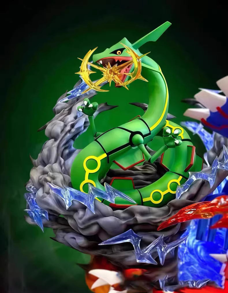 Rayquaza from Pokemon with colorful elements on a dark background