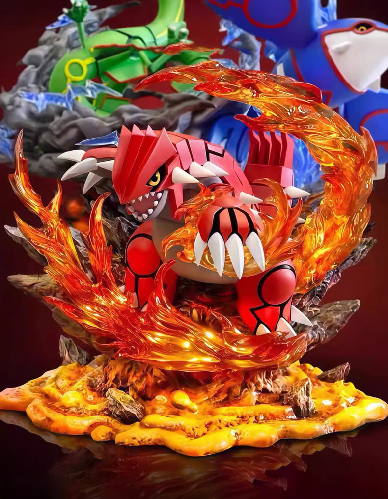 Groudon from Pokemon with flames, surrounded by other colorful figures on a dark background.