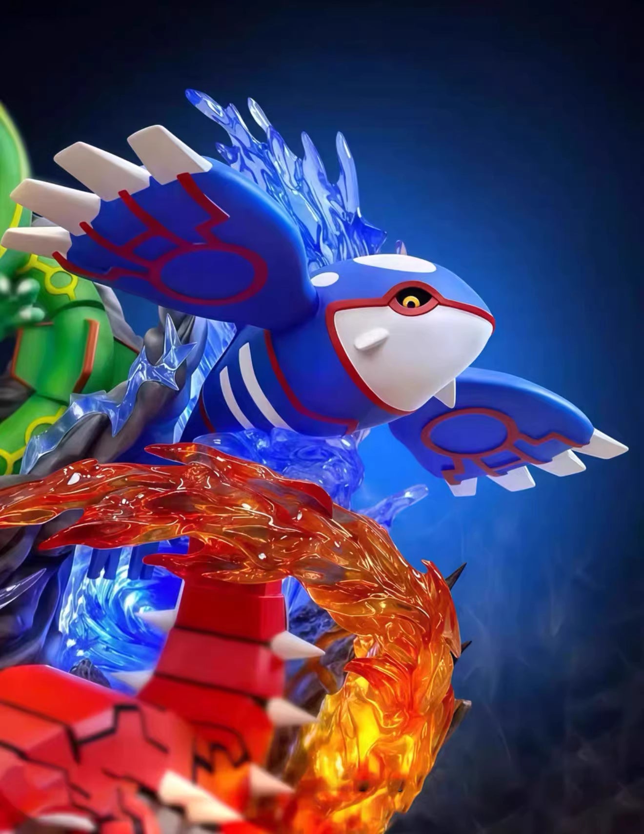 Kyogre from Pokemon with fiery elements on a dark background