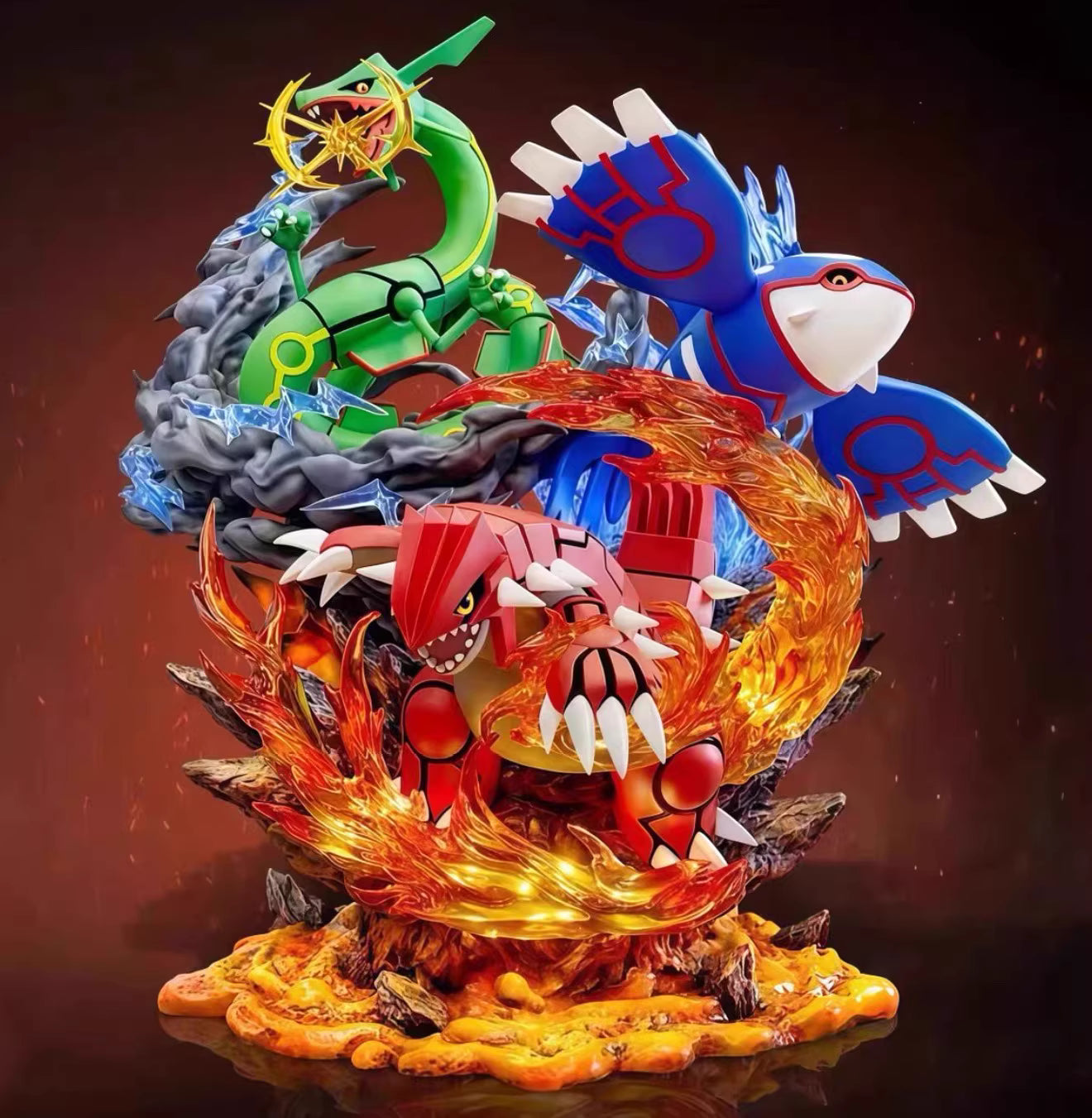 pokemon diorama creature figurine with fiery effects on a dark background