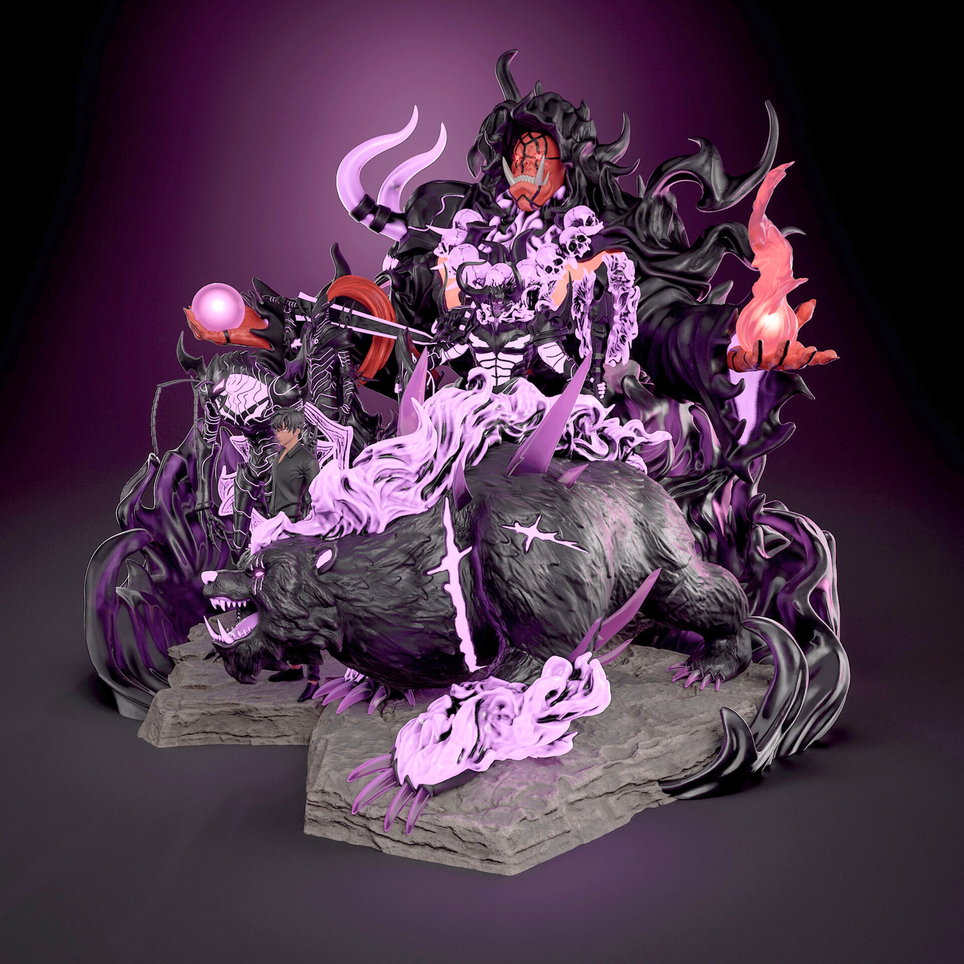 Detailed figurine with dark and purple tones on a dark background