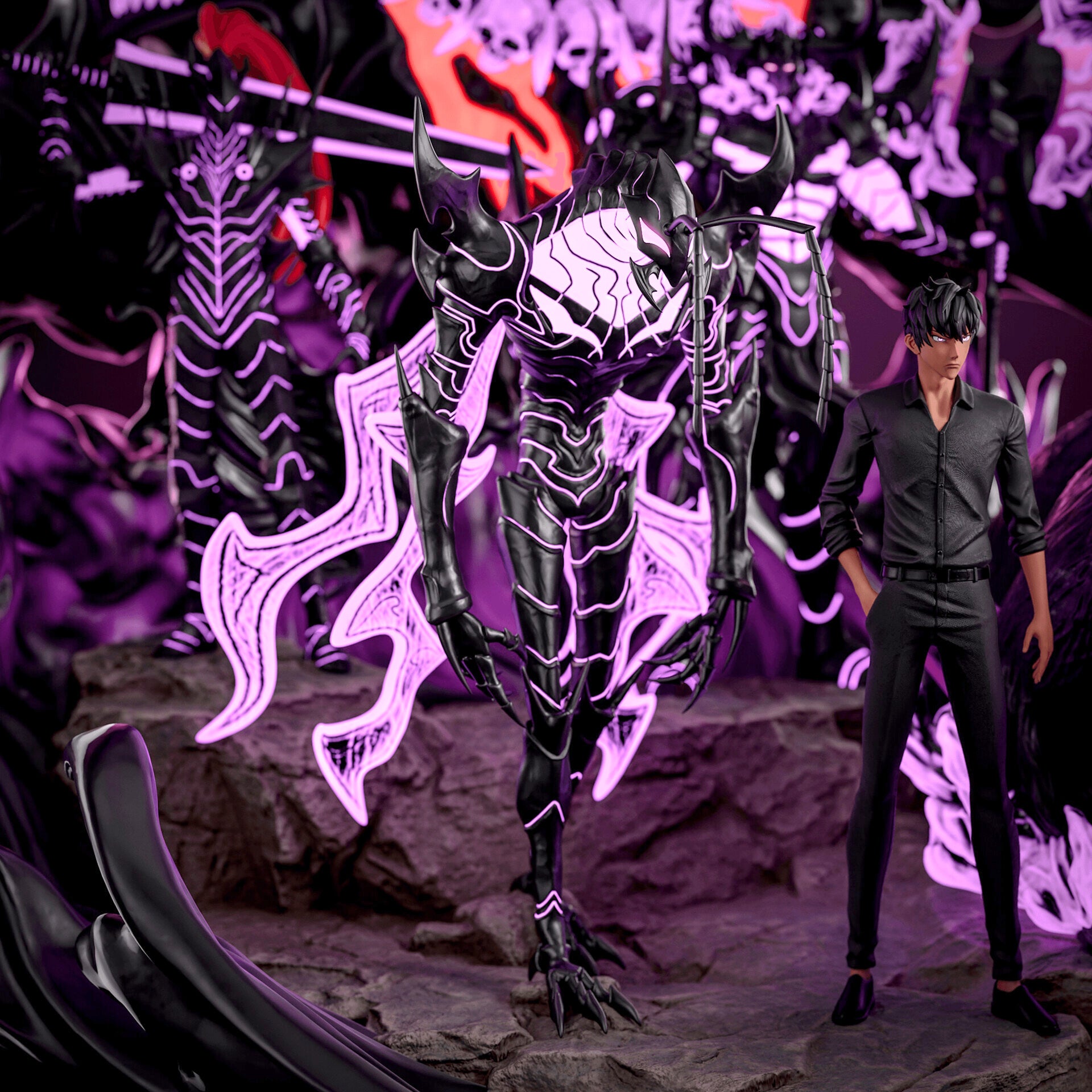 Action figure of a creature with glowing purple accents in a dark, otherworldly setting.