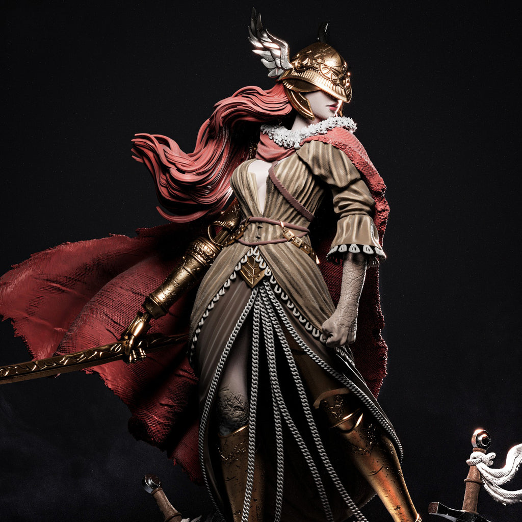 Statue of a warrior with red cape and armor against a dark background