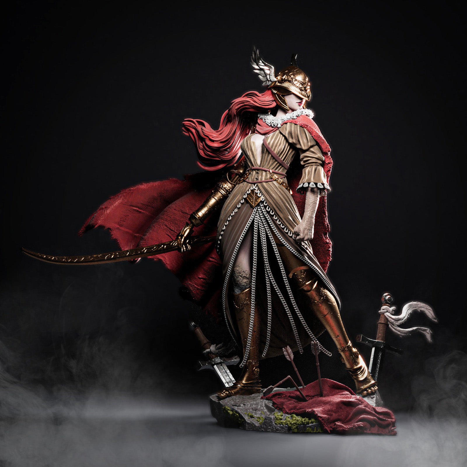Statue of a warrior with a red cape and armor, holding a sword, on a dark background.