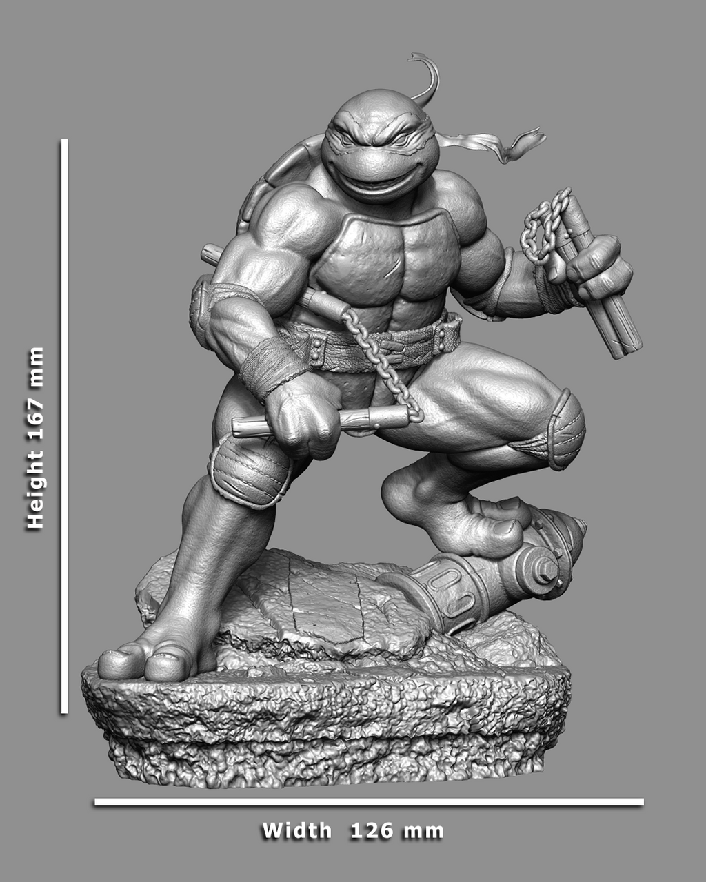 Gray-scale image of a turtle-like character holding a weapon with measurements on a gray background