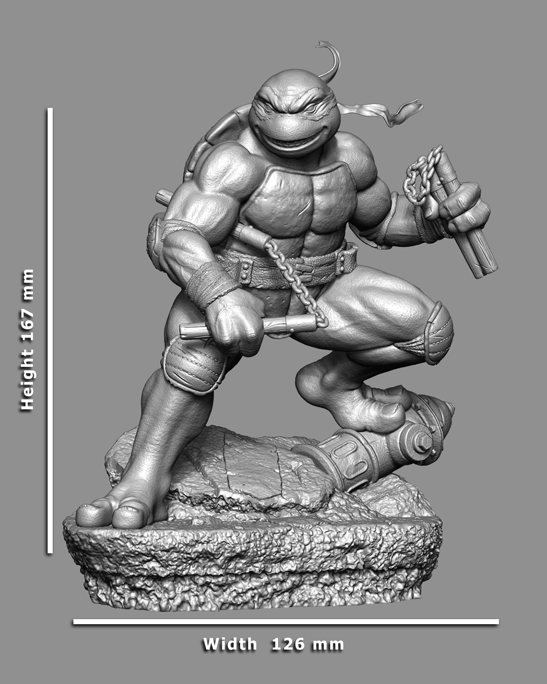 Gray-scale image of a turtle-like character holding a weapon with measurements on a gray background
