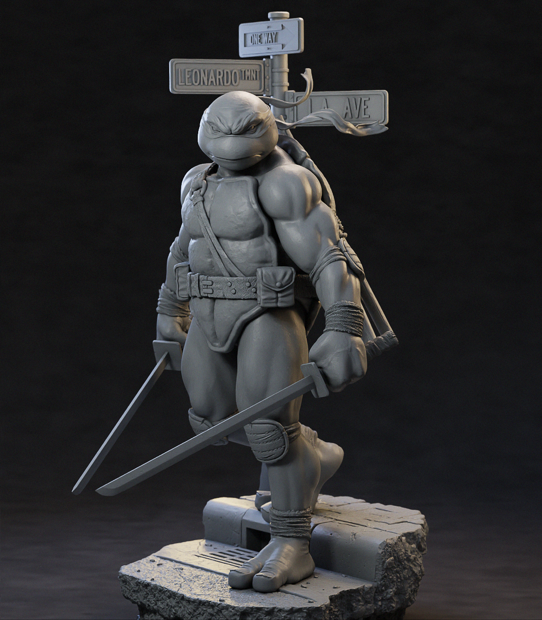 A gray 3D-printed或未上漆 figurine of a Teenage Mutant Ninja Turtle standing on a stone-like base, holding two swords, with a street-sign prop behind it against a dark studio background.