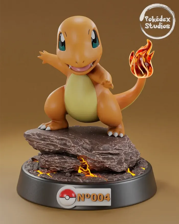 Charmander figurine with flame on a brown background, featuring Pokédex Studios logo.