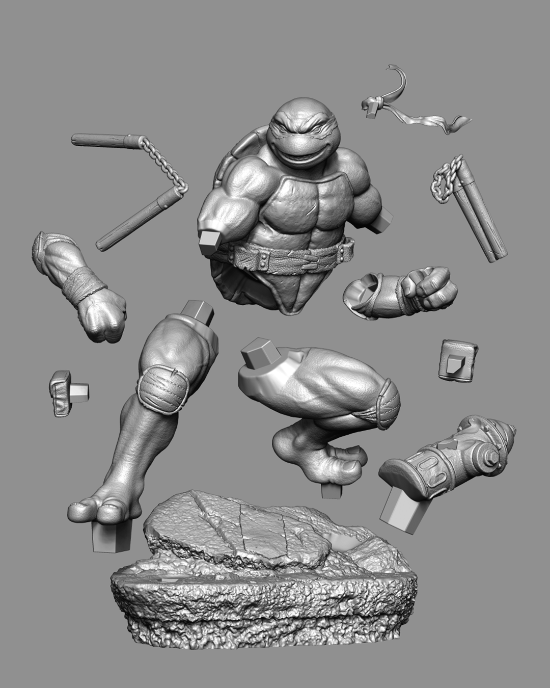 Gray 3D model of a turtle character with various parts on a gray background