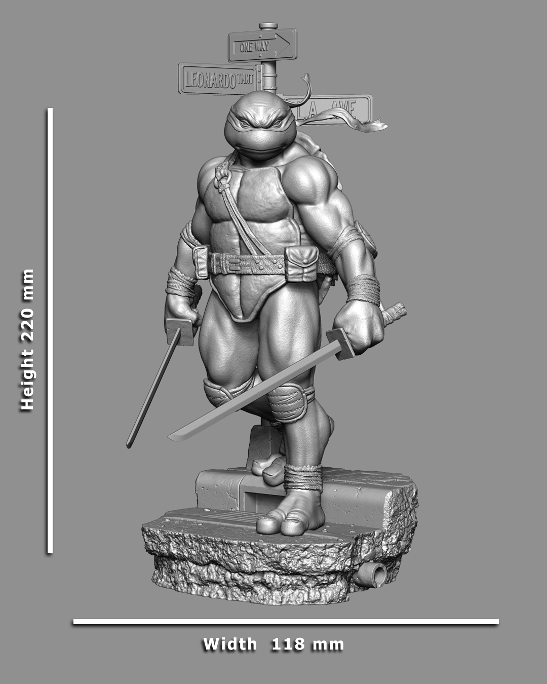 Metallic turtle figurine with sword and shield on a gray background