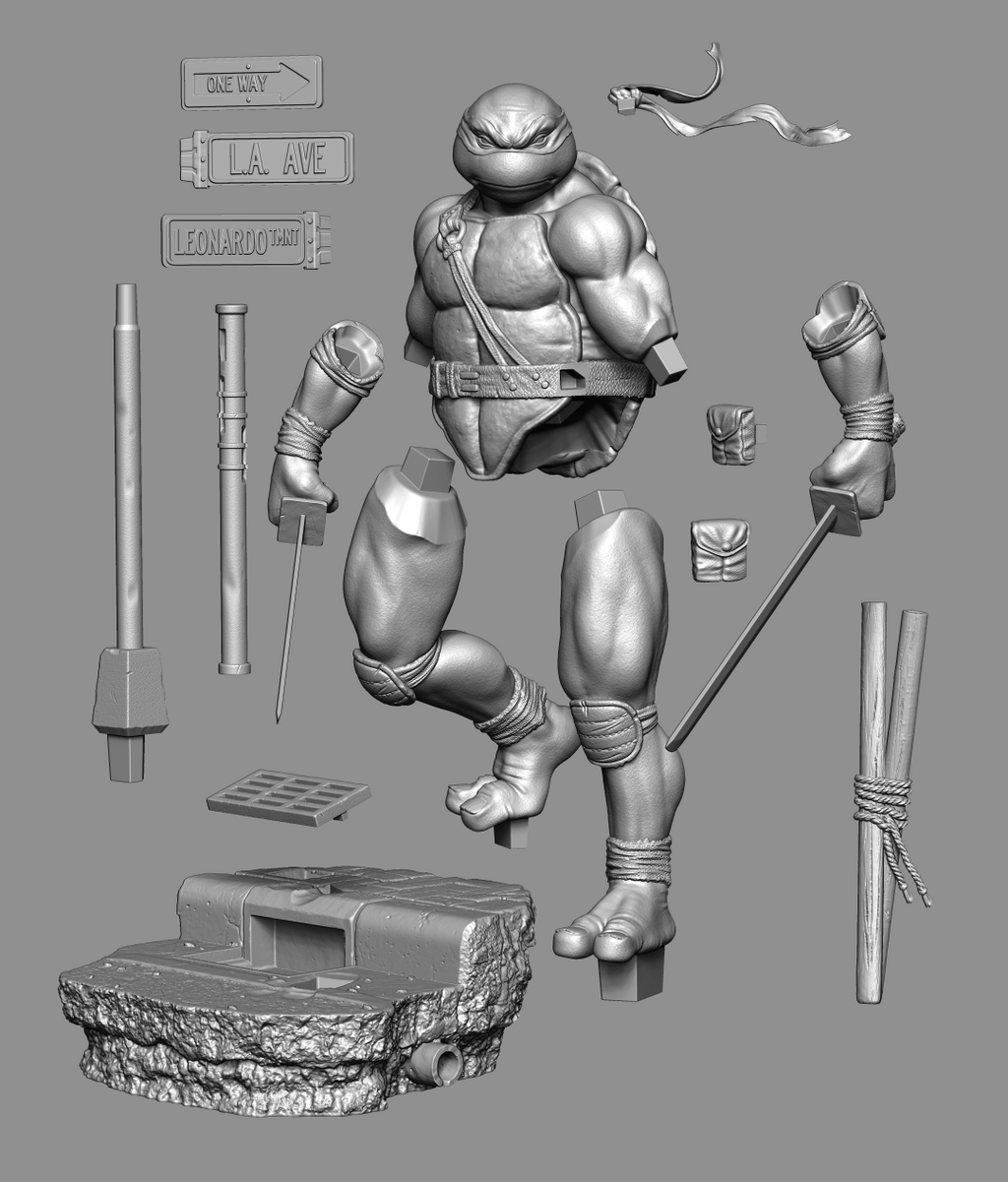 3D render of a Teenage Mutant Ninja Turtles action figure with multiple separated parts and accessories arranged around the figure on a flat gray background.