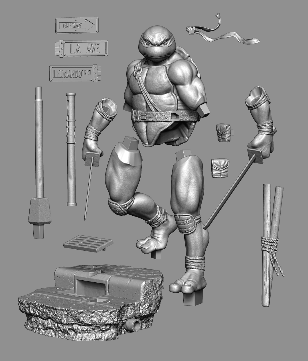 3D render of a Teenage Mutant Ninja Turtles action figure with multiple separated parts and accessories arranged around the figure on a flat gray background.