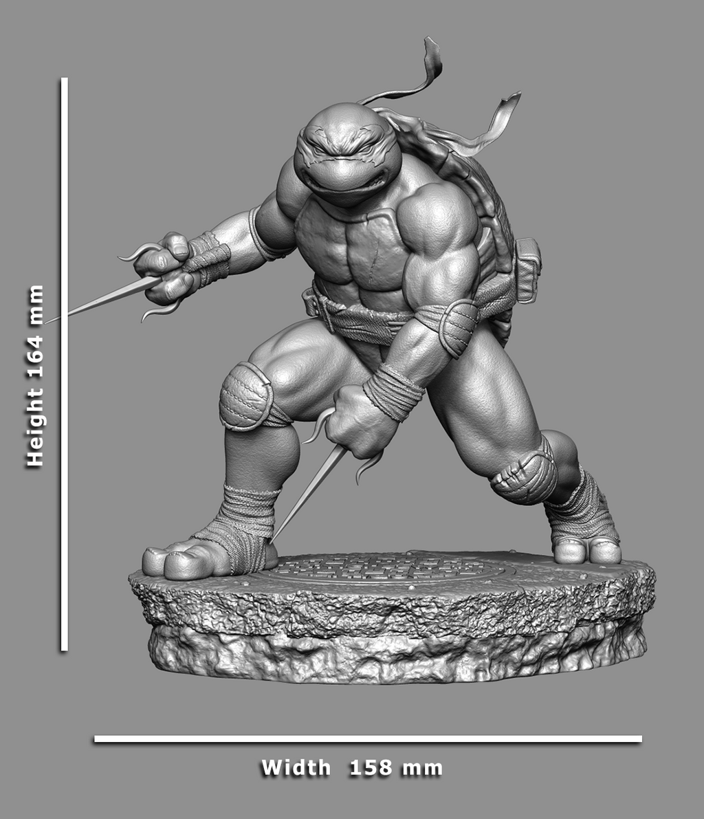 A grayscale 3D render of a ninja turtle figurine on a textured circular base, with measurement annotations showing a height of 164 mm and a width of 158 mm on a solid gray background.