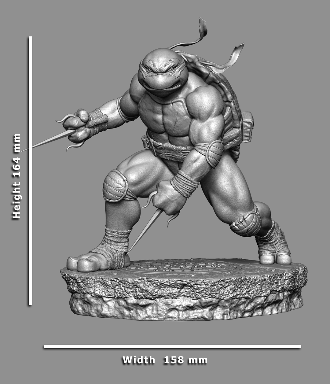 A grayscale 3D render of a ninja turtle figurine on a textured circular base, with measurement annotations showing a height of 164 mm and a width of 158 mm on a solid gray background.
