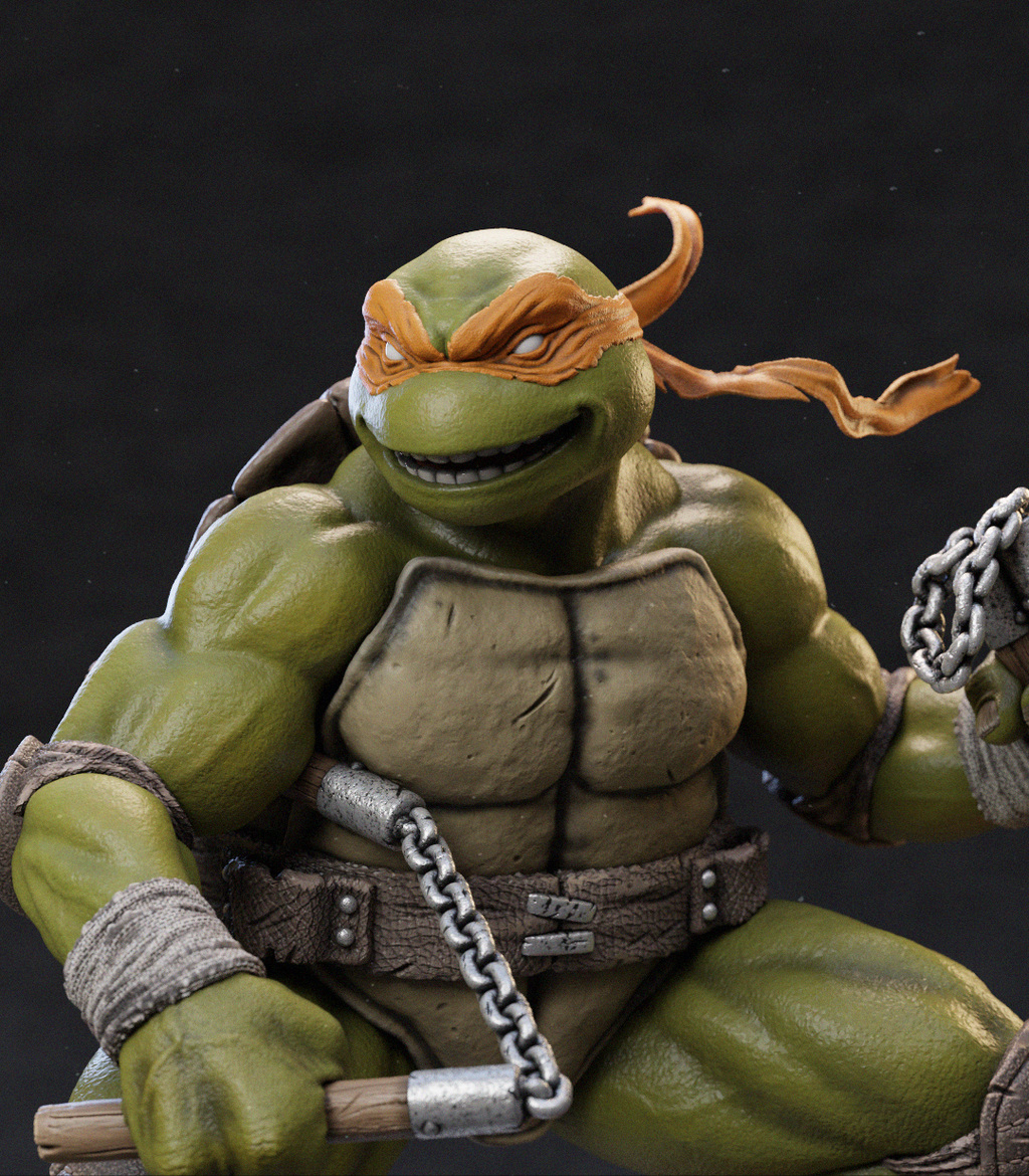 A close-up of a Teenage Mutant Ninja Turtles figurine, specifically Michelangelo, with green skin, an orange mask and headband, a beige shell, and silver chain weapons against a dark background.