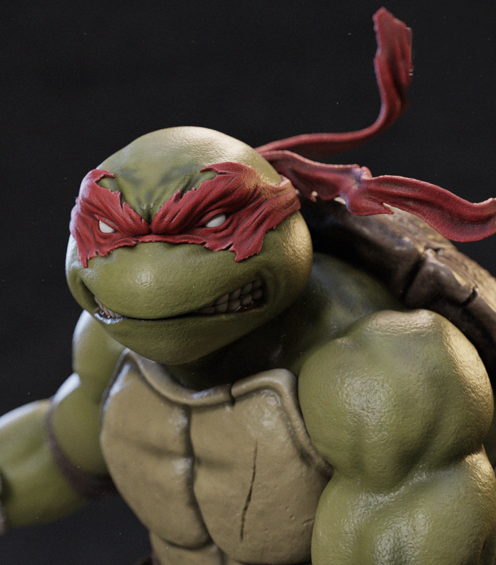 Close-up of a Teenage Mutant Ninja Turtles action figure or collectible character with green skin, a red eye mask, and a dark shell against a dark background.
