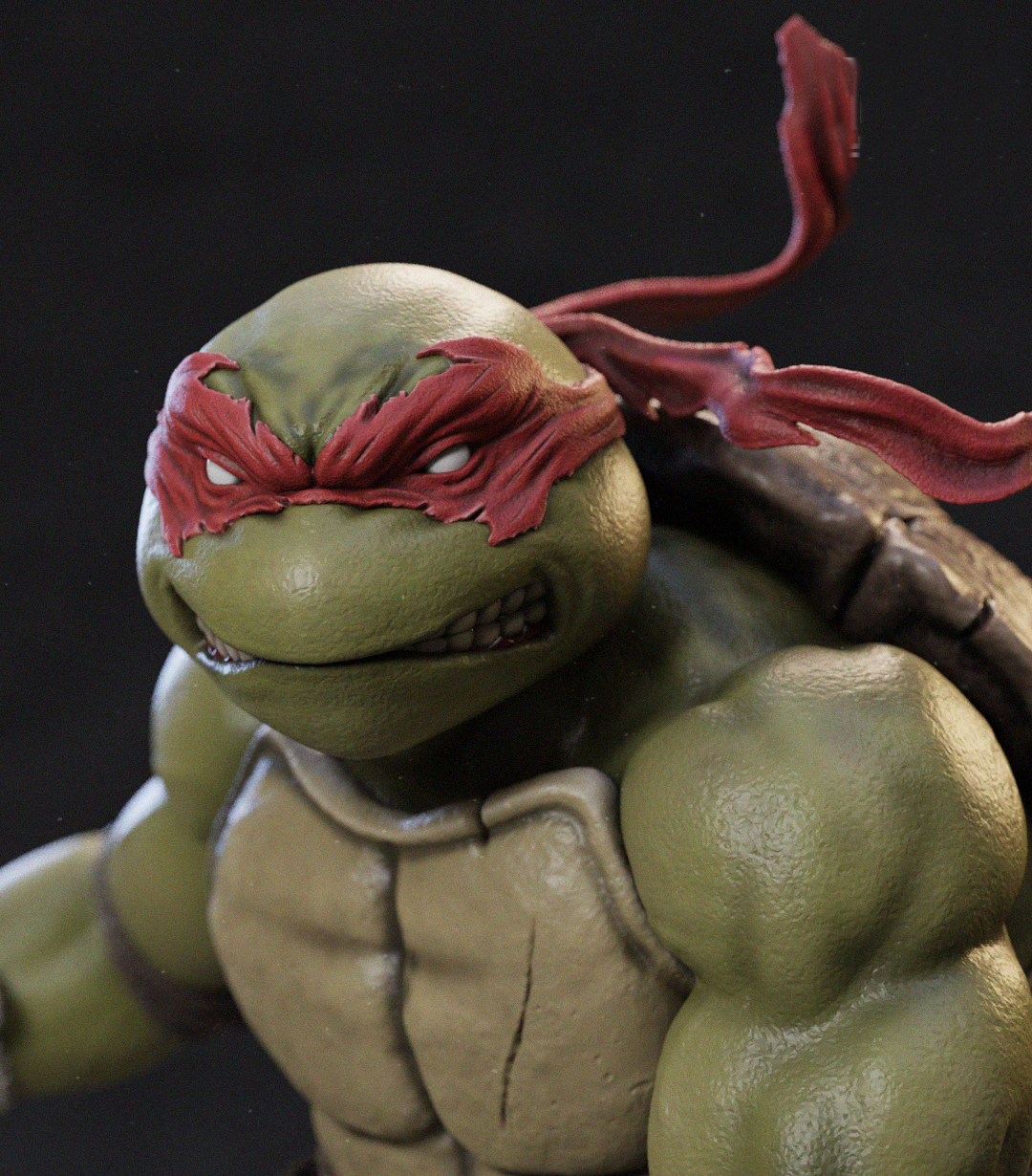 Close-up of a Teenage Mutant Ninja Turtles action figure or collectible character with green skin, a red eye mask, and a dark shell against a dark background.