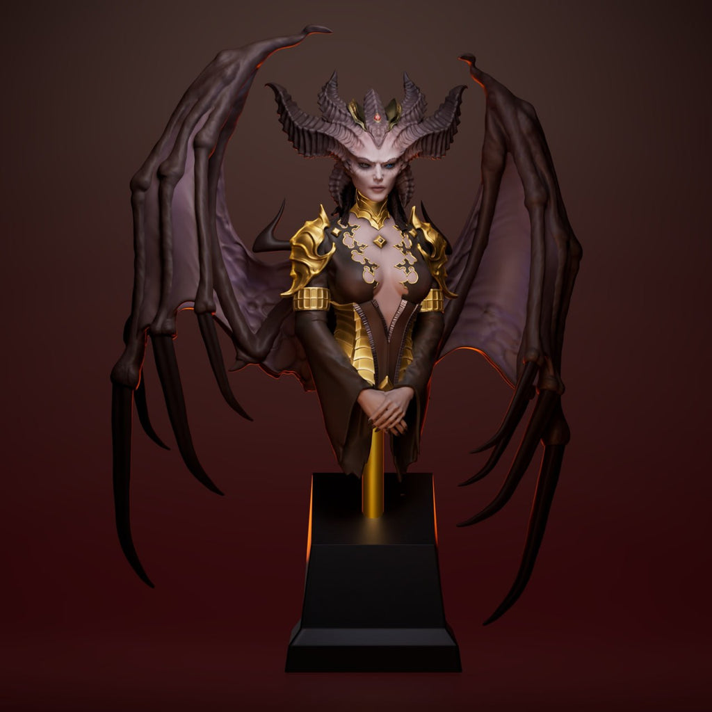A fantasy bust statue of a horned female demon queen with large bat-like wings, wearing gold armor and jewelry, displayed on a black pedestal against a dark reddish-brown gradient background.