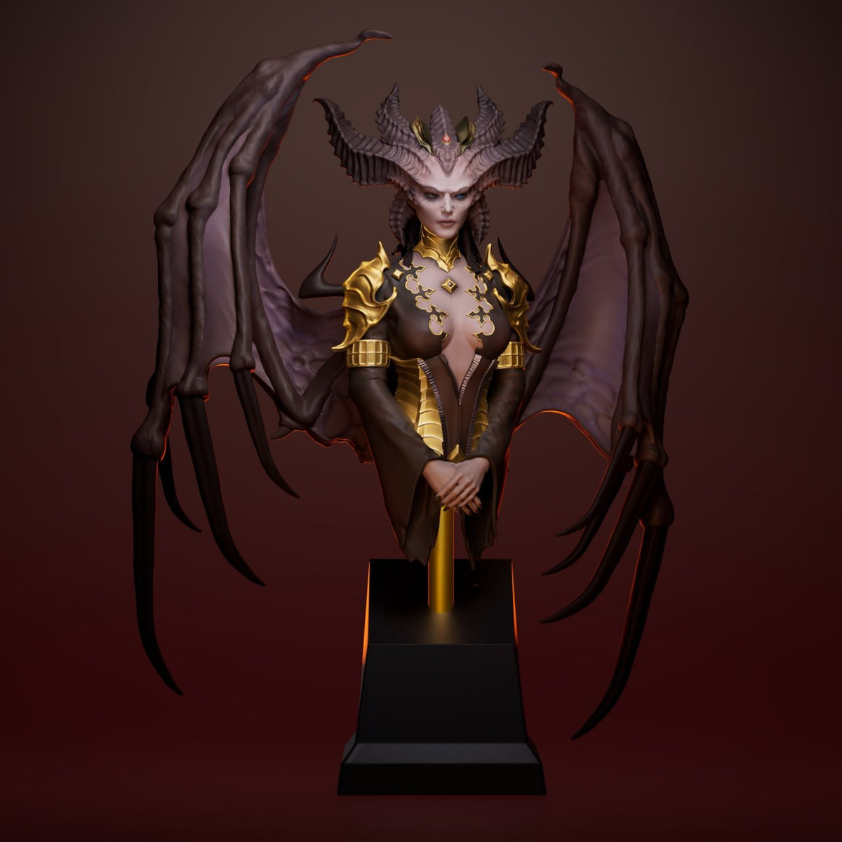A fantasy bust statue of a horned female demon queen with large bat-like wings, wearing gold armor and jewelry, displayed on a black pedestal against a dark reddish-brown gradient background.