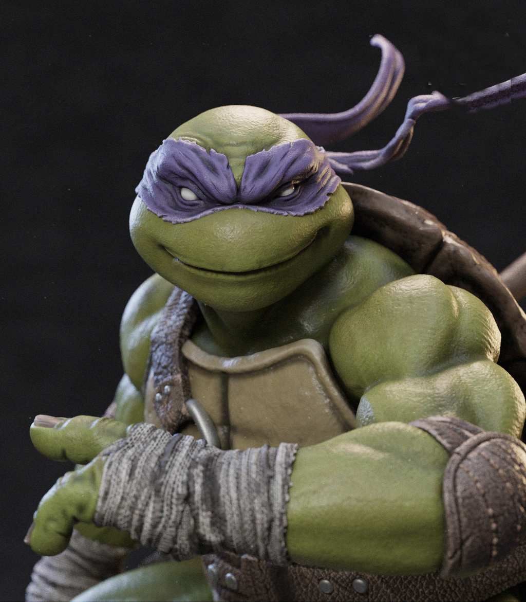 A close-up of a green turtle action figure with purple eye mask and brown shell details, shown against a dark background.