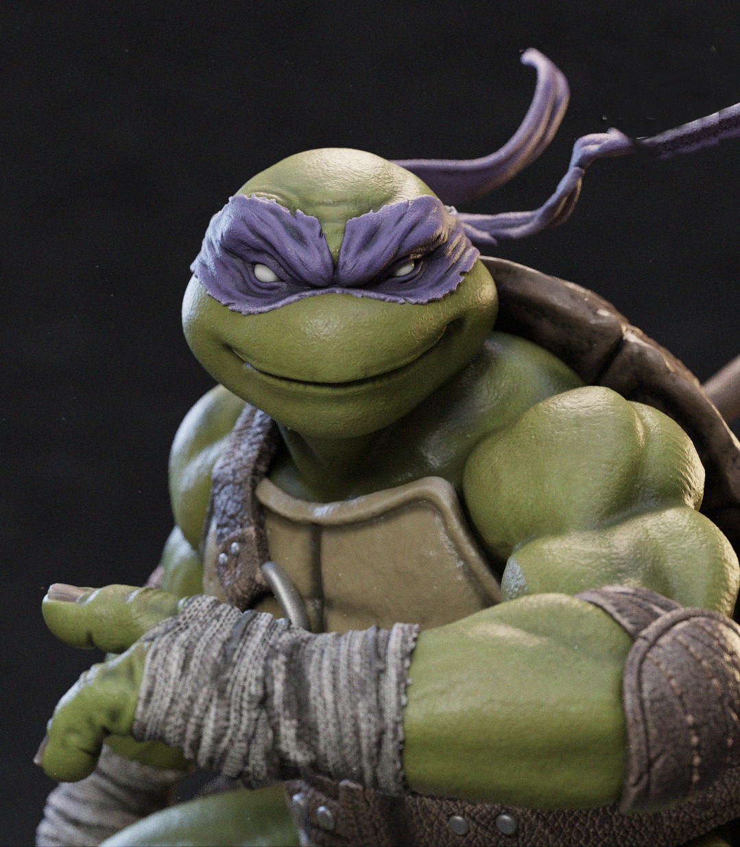 A close-up of a green turtle action figure with purple eye mask and brown shell details, shown against a dark background.
