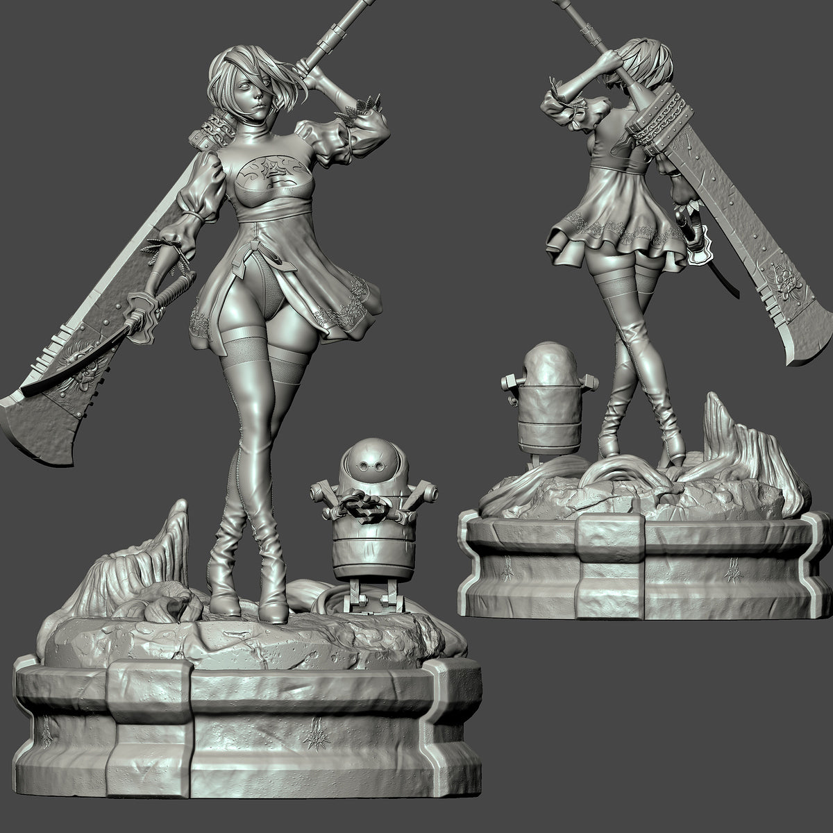 Statue of a warrior woman with a sword on a gray background