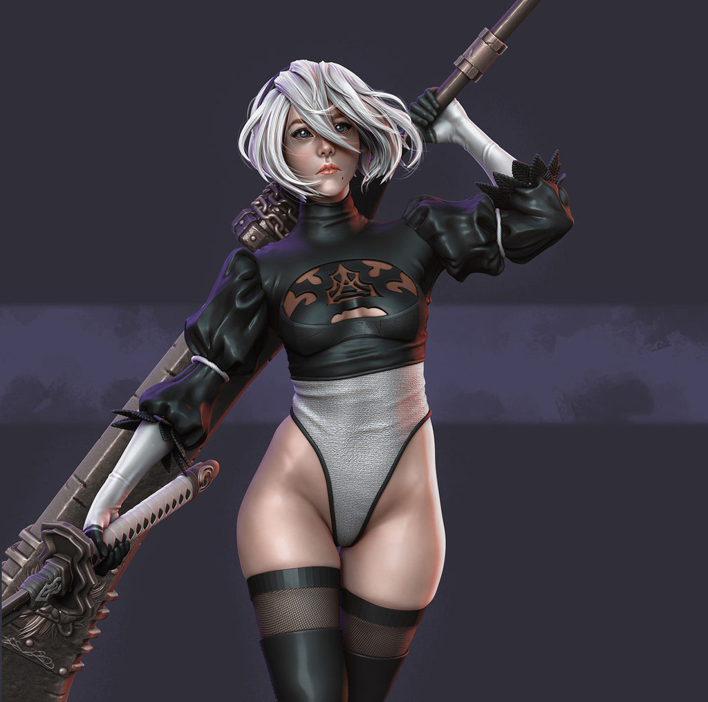 Character in a black and gray outfit holding a large weapon against a dark background