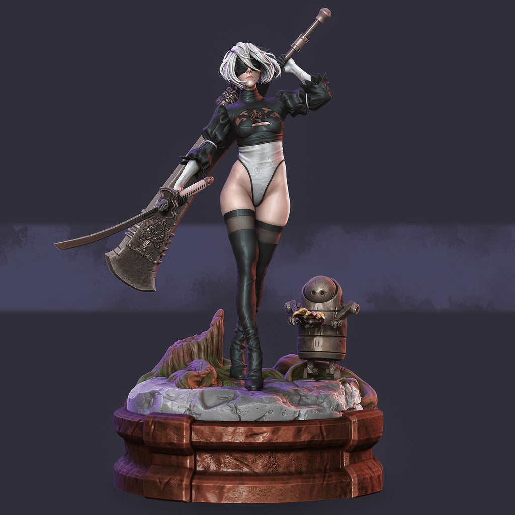 Statue of a character with a weapon on a dark background
