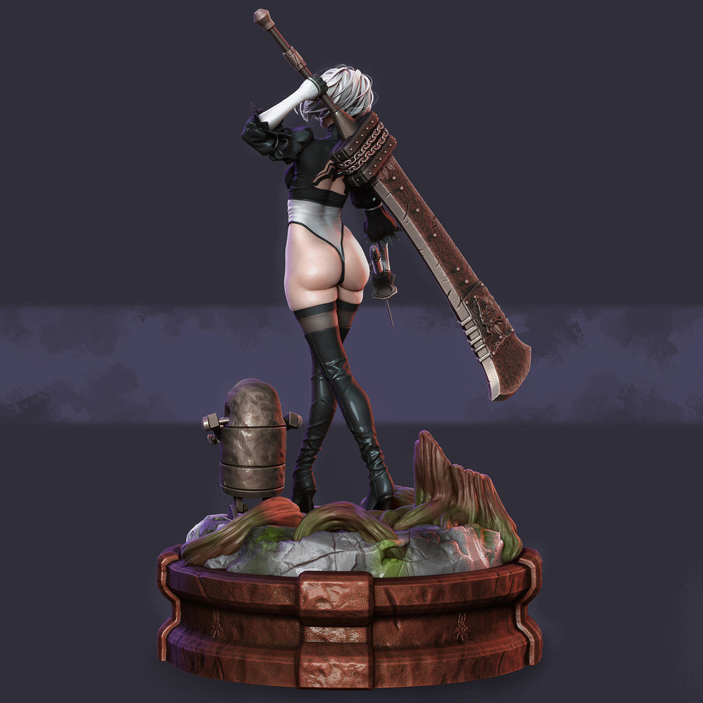 Statue of a character with a large weapon on a dark background