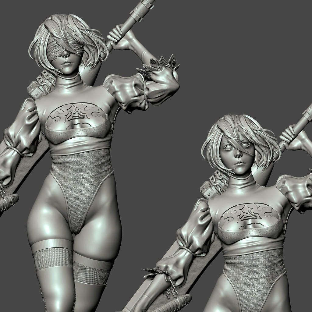 Gray 3D model of a female character with a weapon on a gray background