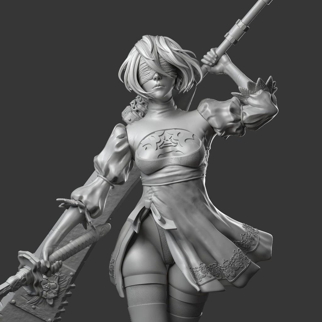 Stylized character holding a weapon on a dark background