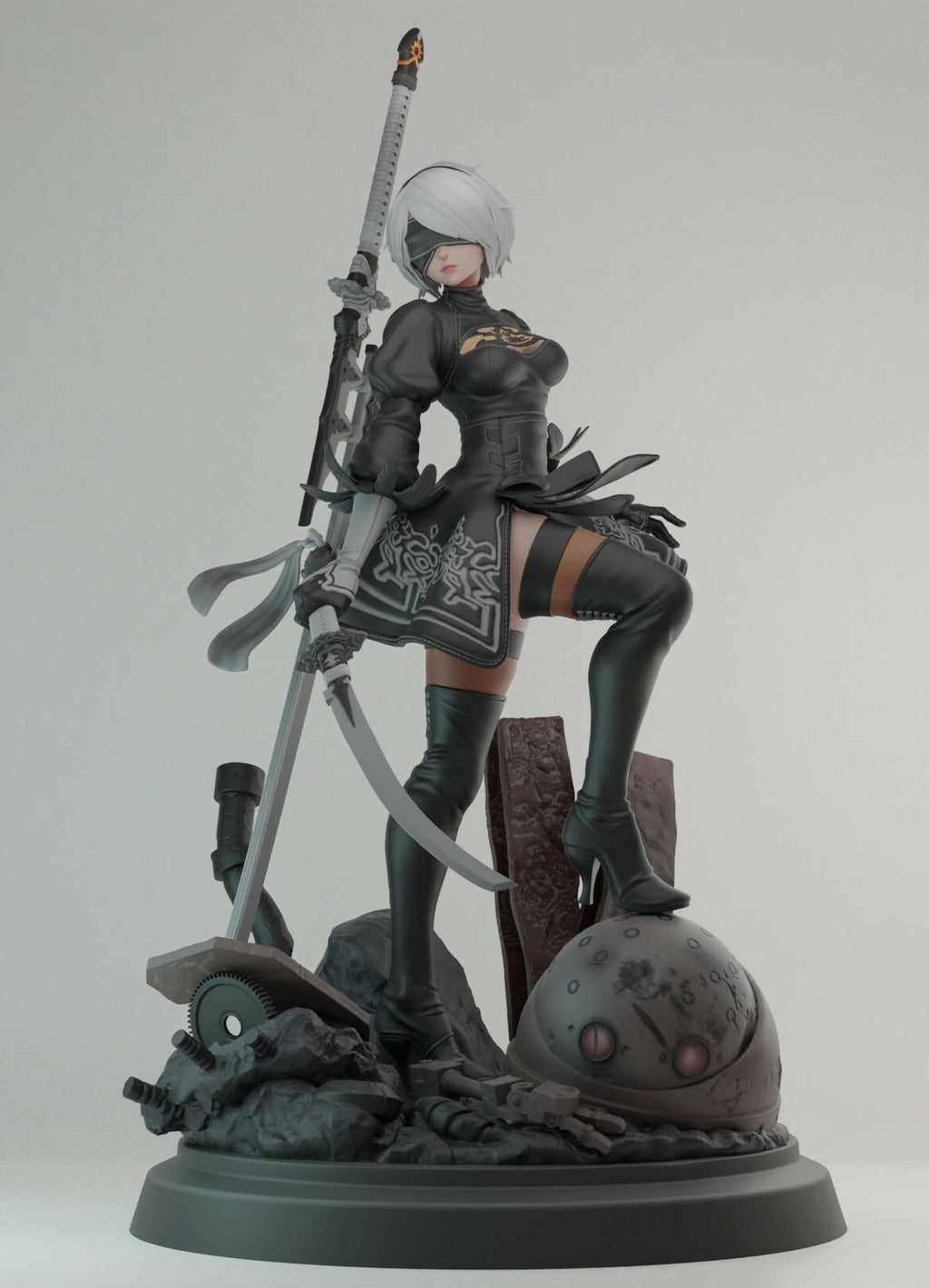 A detailed collectible figurine of a female sci-fi character in dark tactical armor, holding a sword and standing on a rocky base with a helmet and other props, photographed against a plain light gray studio background.