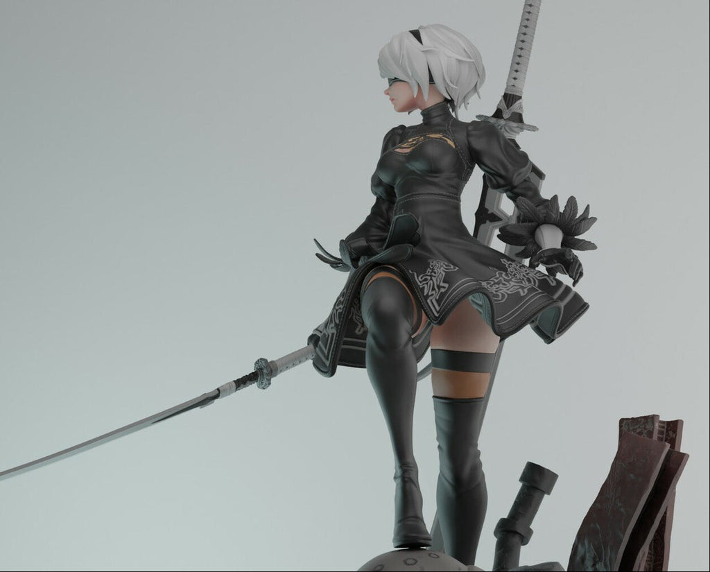 A detailed collectible figurine of a female character with short white hair, wearing a dark tactical outfit and holding a long sword, posed against a plain light gray background.