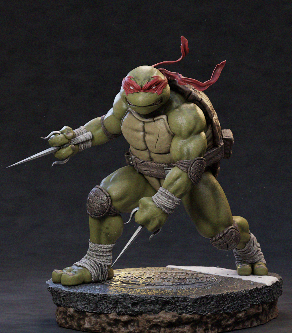 A highly detailed collectible statue of a Teenage Mutant Ninja Turtle in a dynamic fighting pose, standing on a textured stone-like base against a dark studio background.