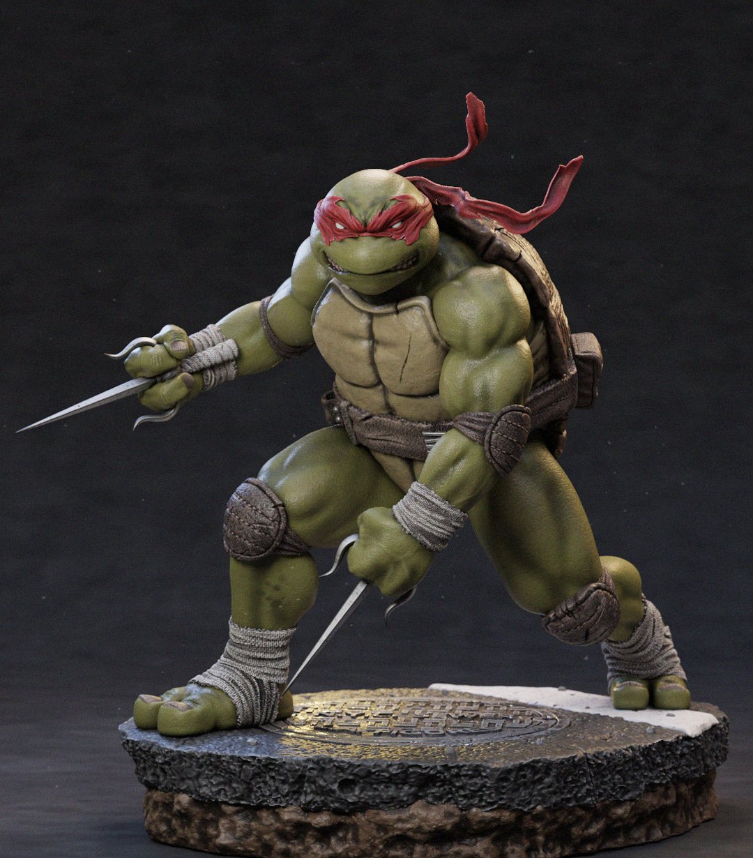 A highly detailed collectible statue of a Teenage Mutant Ninja Turtle in a dynamic fighting pose, standing on a textured stone-like base against a dark studio background.