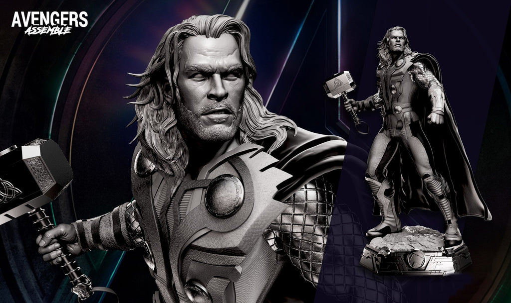 Avengers Assemble Thor statue render in monochrome silver and black, shown with a large close-up of Thor's face and armor and a smaller full-body statue view on the right. Avengers Assemble logo appears in the top left.