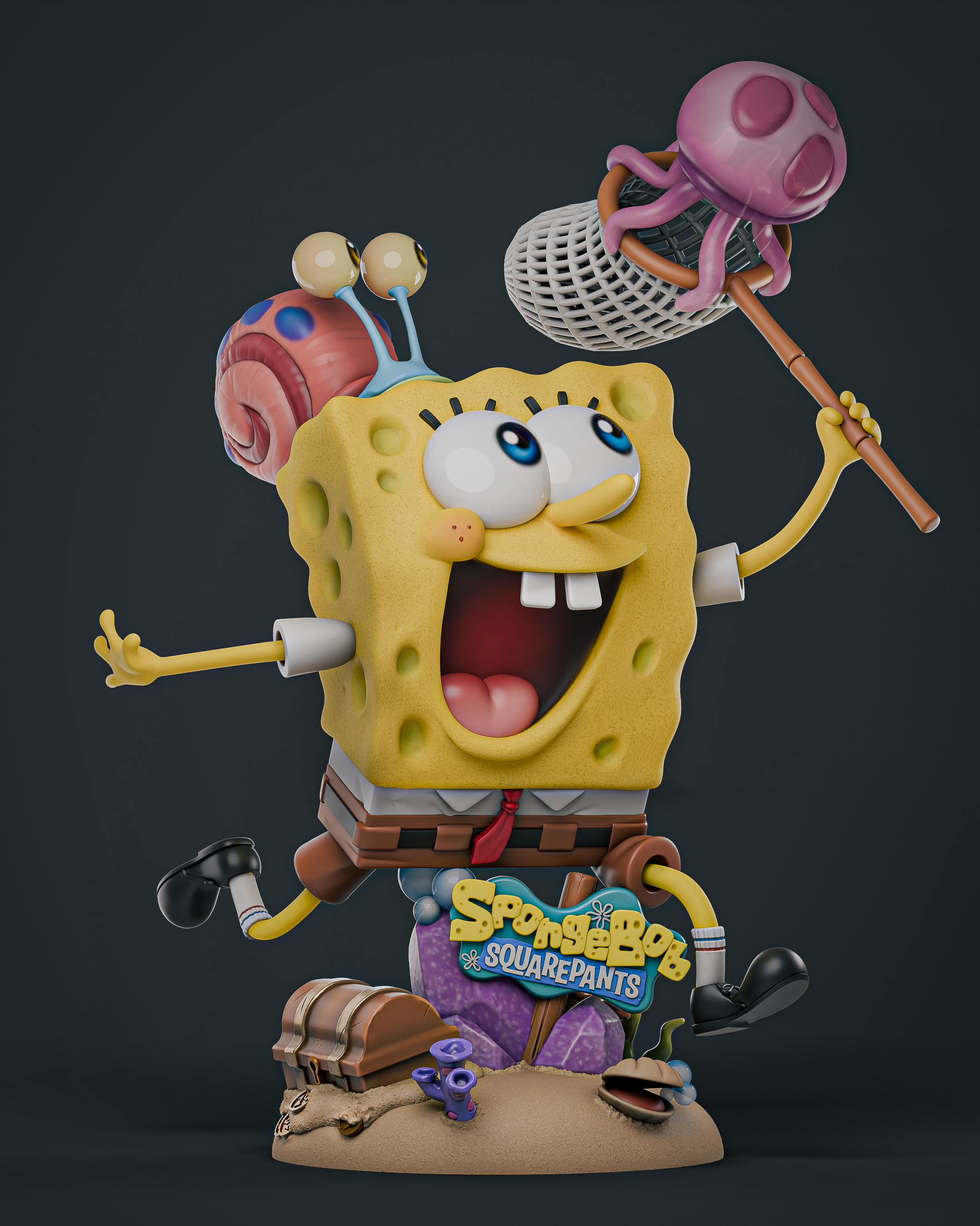 SpongeBob SquarePants figurine holding an octopus and a microphone on a dark background