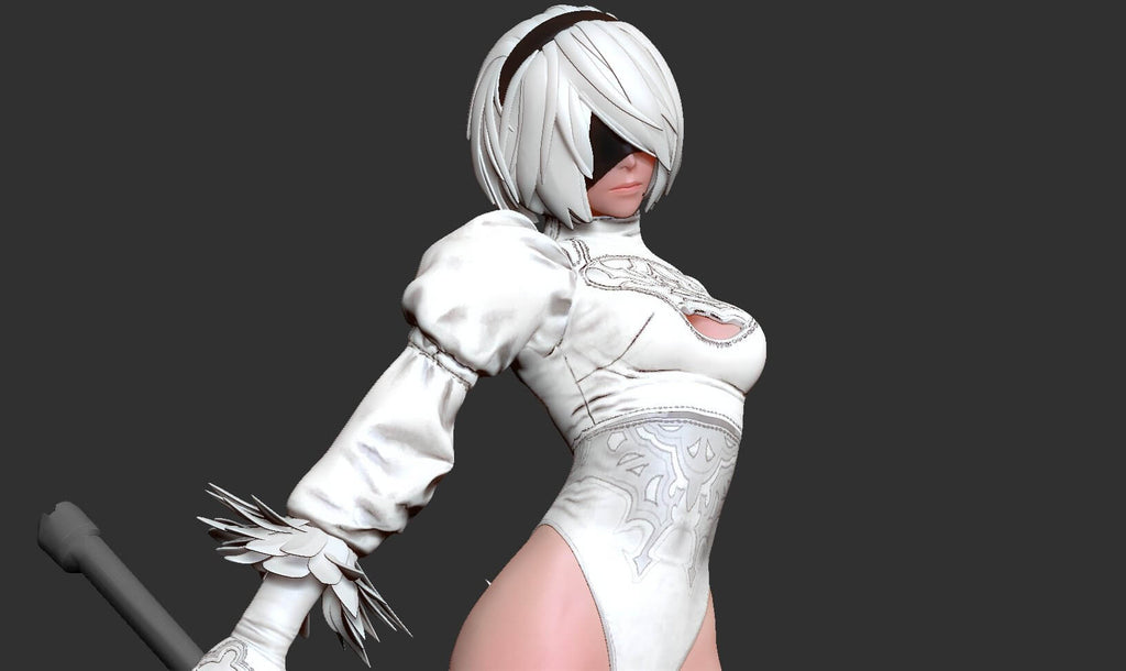A 3D digital render of a female anime character with short white hair, wearing a white bodysuit with silver patterns, posed against a dark gray background.