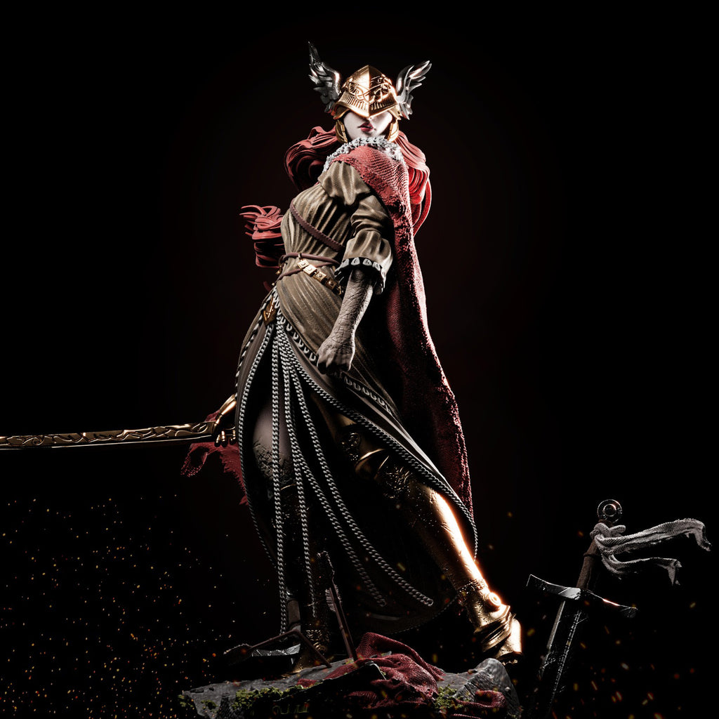 Statue of a warrior in armor and cape with a sword on a dark background