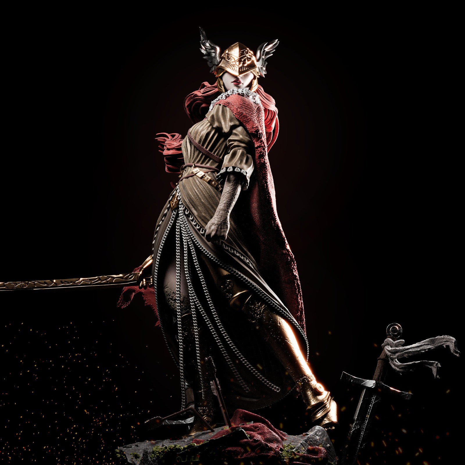 Statue of a warrior in armor and cape with a sword on a dark background