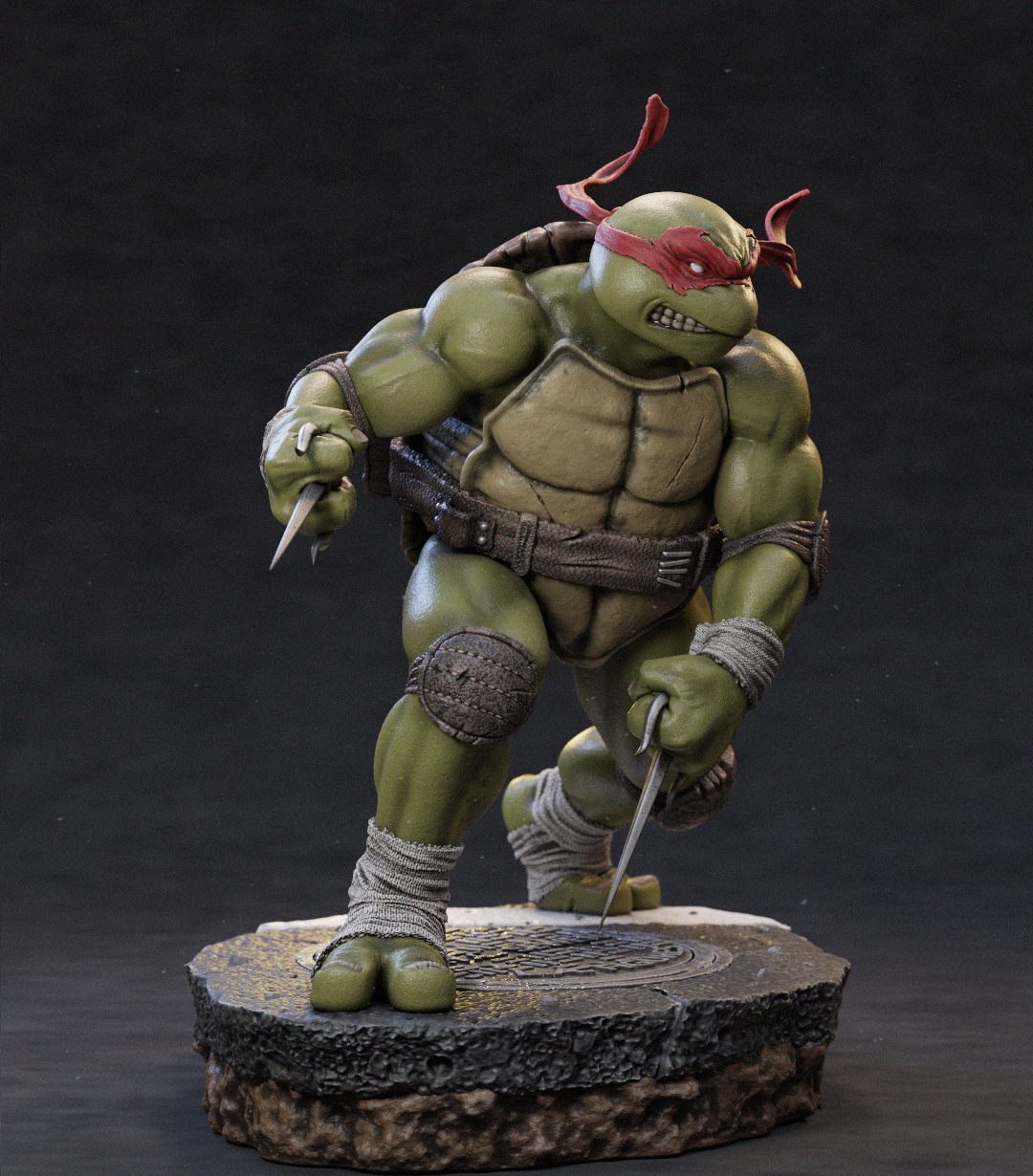A detailed collectible figurine of a green-skinned ninja turtle character in a dynamic crouching pose, holding two silver knives, standing on a textured stone base against a dark studio background.