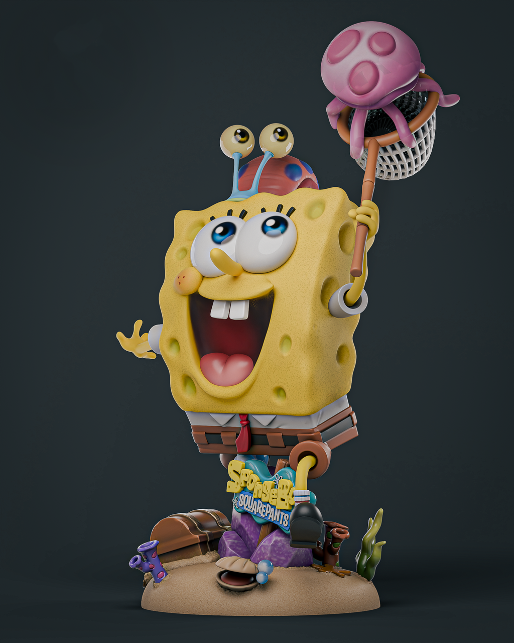 A 3D-rendered collectible figurine of SpongeBob SquarePants standing on a sandy base with a treasure chest, a purple shell, and a net with a pink octopus. The background is a solid dark gray.