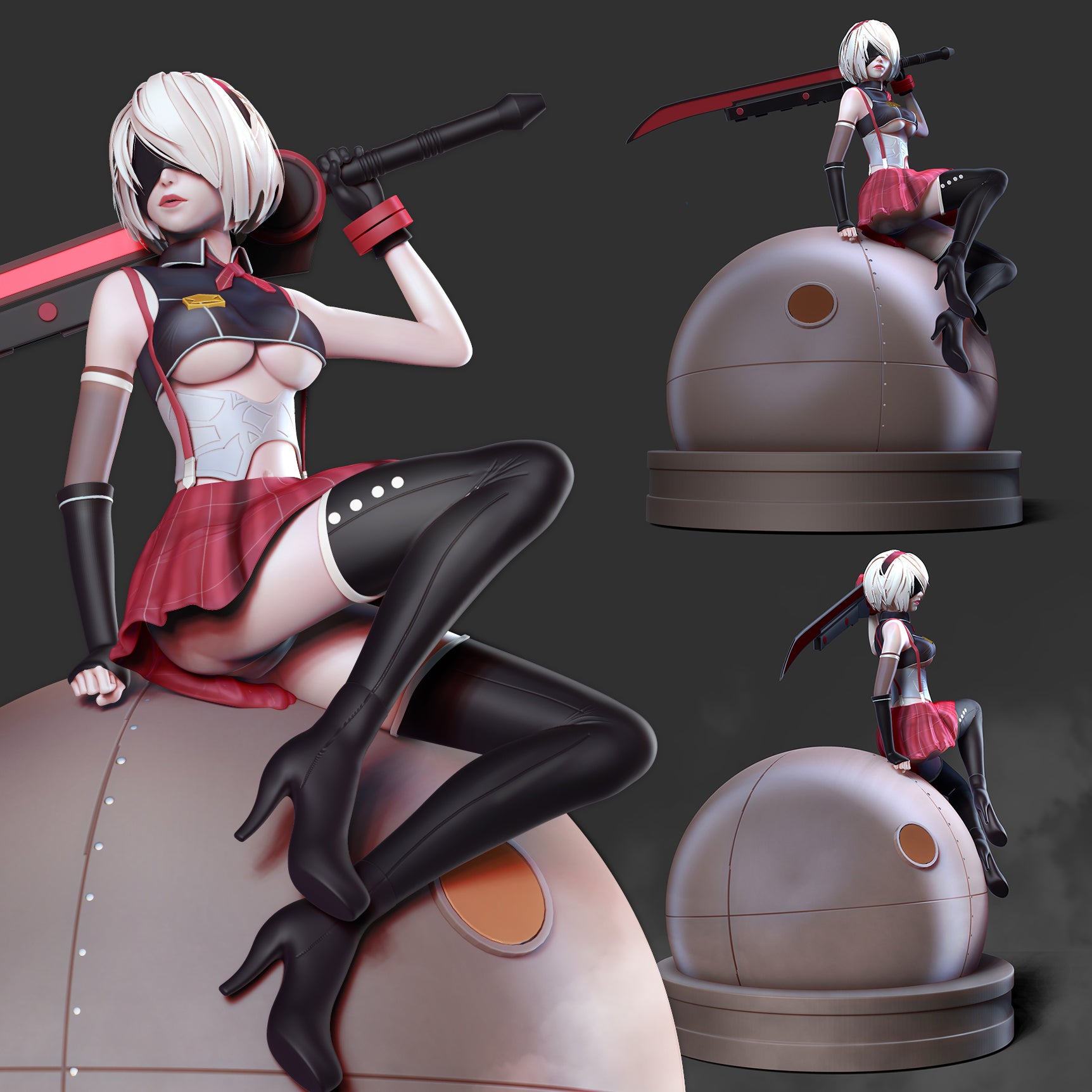 A 3D-rendered anime-style female character posed on a dome-shaped display base, shown in three views against a dark gray background. She has short white hair, a black blindfold, a red and white outfit, black thigh-high stockings, and a large red-and-black sword.