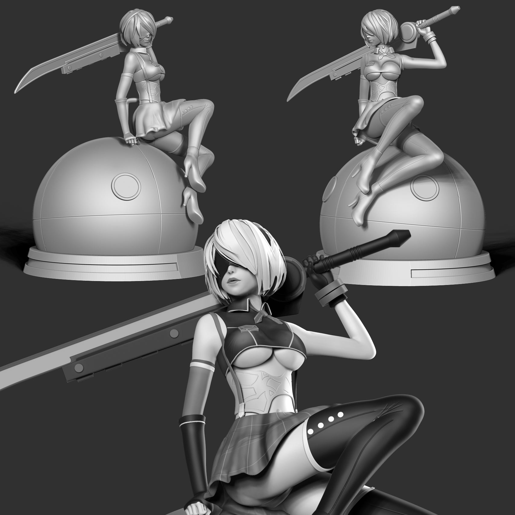 A grayscale 3D render showing a female anime-style character posed in three views: seated on a large dome-like base in back left, seated on the same base in back right, and kneeling in front holding a large gun. No real person, animal, or real environment is present, so this is not Lifestyle.
