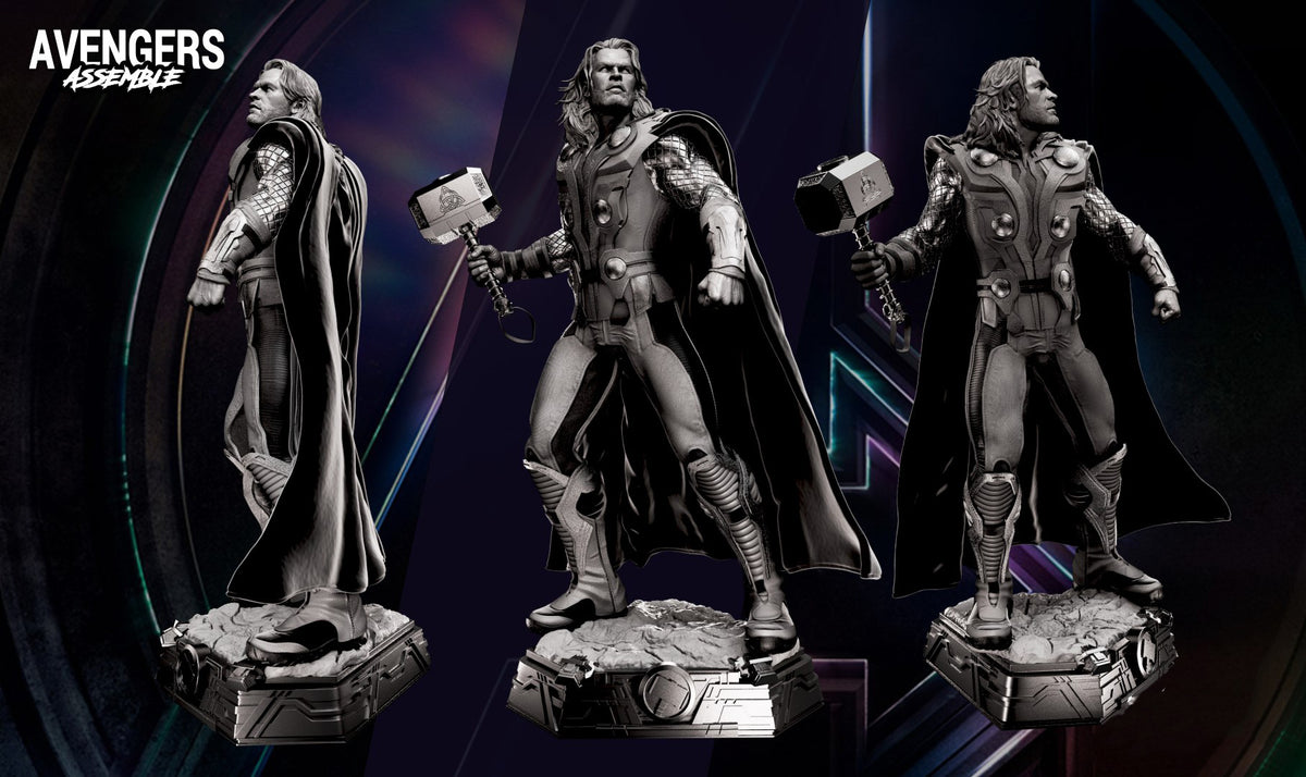 Three unpainted collectible statue renders of Thor from Avengers Assemble, shown from different angles on a dark branded background with the Avengers Assemble logo in the top left.