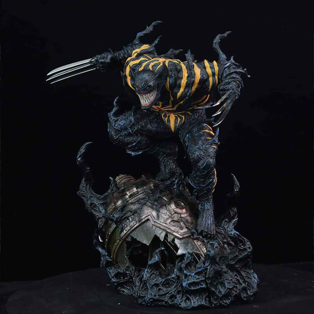 Statue of a character with a dark and intricate design, holding a weapon on a black background.