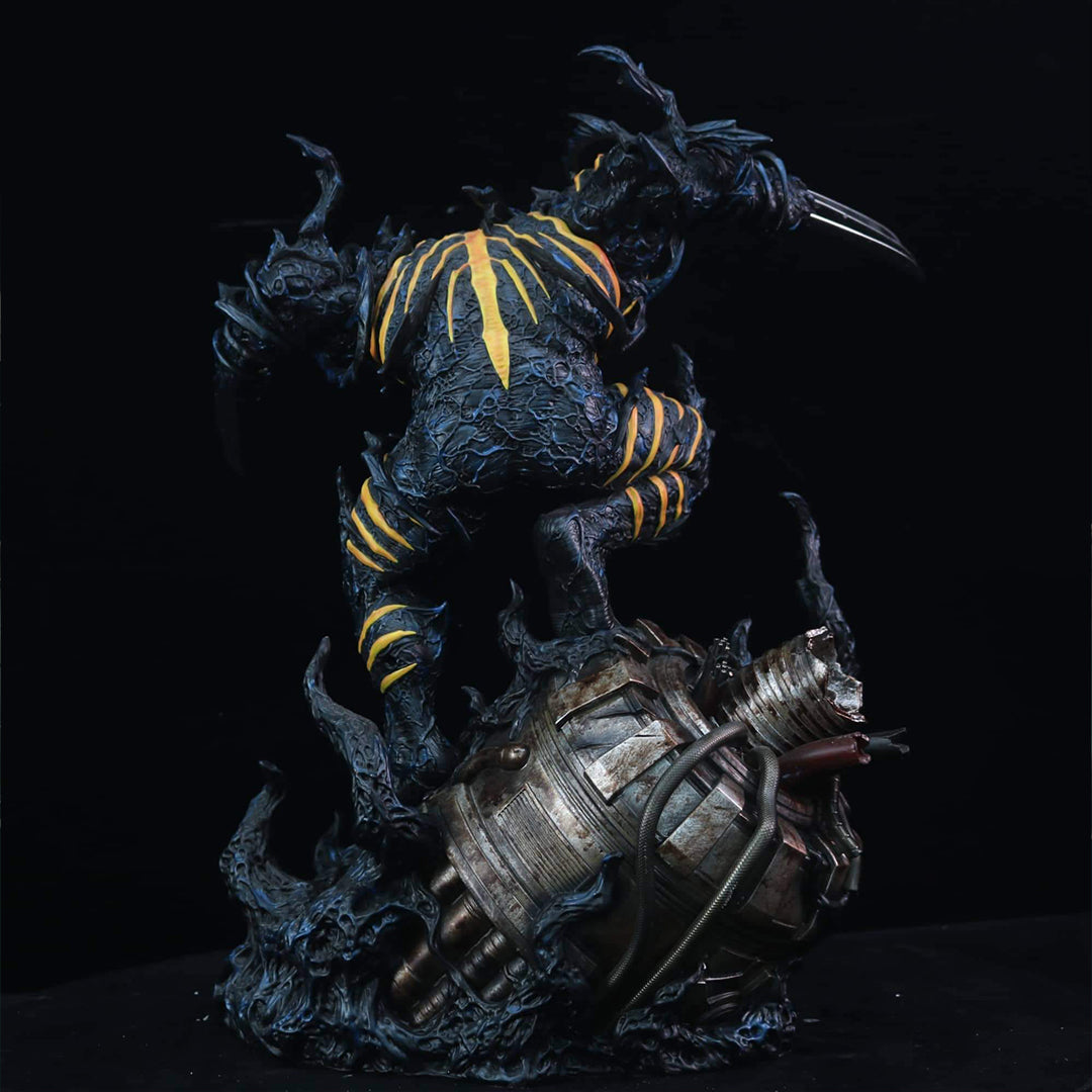 Statue of a creature with yellow accents on a dark background